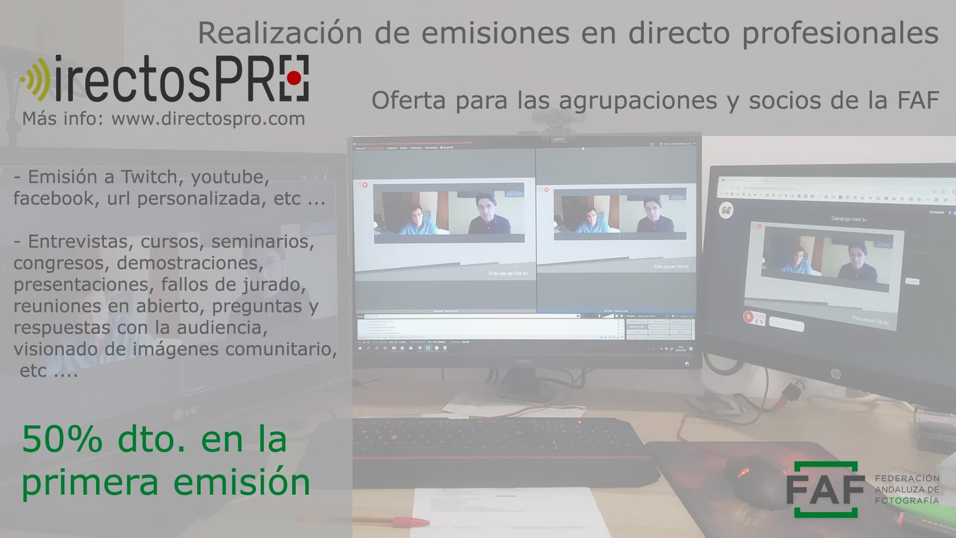 Se ha llegado a un acuerdo con la empresa "DirectosPRO" ( especialista en emisiones en directo profesionales), con ventajas para nuestras asociaciones y asociados. <br> <a href="https://www.directospro.com/" target="_blank">ENLACE</a><br>