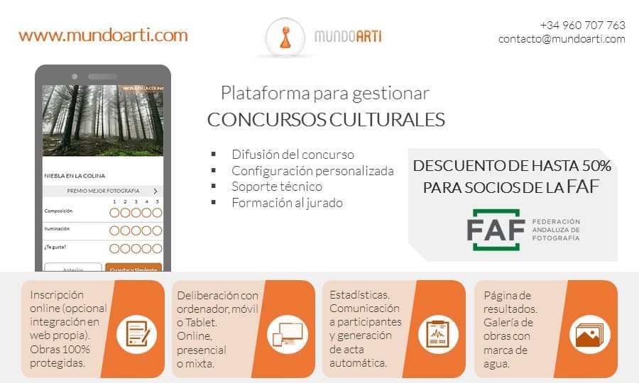 Se ha llegado a un acuerdo de colaboración con la Plataforma Mundo Arti, organizadora de Concursos Fotográficos con interesantes descuentos para nuestros asociados y para nuestras Asociaciones <br> <a href="https://www.mundoarti.com/" target="_blank">ENLACE</a><br>