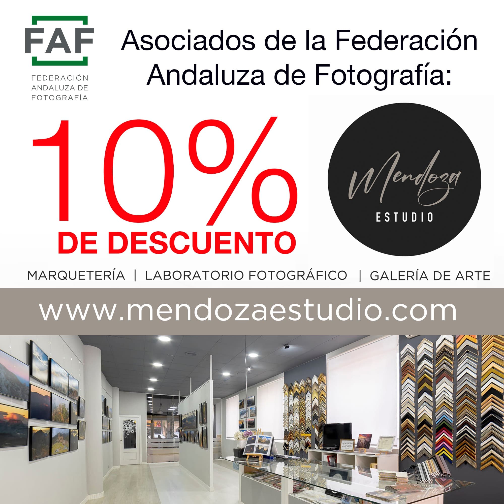 Se ha realizado un convenio de colaboración entre la Federación Andaluza de Fotografía y el laboratorio digital Mendoza Estudio, con una línea de descuentos para todas nuestros asociados a la FAF en todos los servicios que ofrece esta empresa.  </br><a href="https://www.mendozaestudio.com/" target="_blank">ENLACE</a></br>