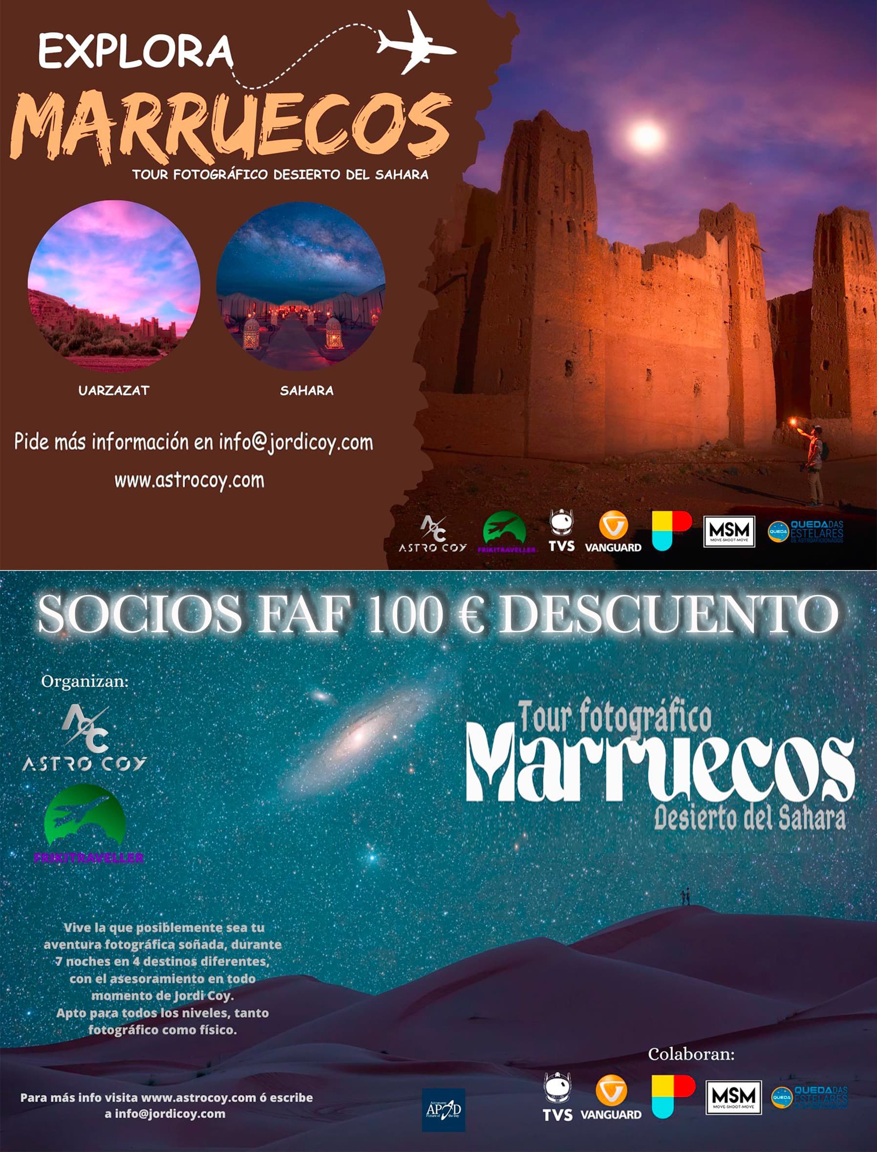 El Tour del desierto del Sahara está diseñado exclusivamente por el astrofotógrafo y guía en este tour, Jordi Coy. Un itinerario y horarios que han sido estudiados minuciosamente para el uso y disfrute de la fotografía en general (paisaje, retrato, callejera), pero en especial de la astrofotografía en uno de los cielos más oscuros del mundo, donde podréis contar con el asesoramiento y formación en todo momento de Jordi Coy, fotógrafo reconocido a nivel internacional. Además, en el equipo contaremos con un videógrafo/fotógrafo profesional para capturar vuestros mejores momentos en el tour, tanto individual como en grupo, proporcionando al finalizar el tour todo el contenido de cada uno. El tour es apto para todos los niveles fotográficos y físicos. EL DESCUENTO PARA LOS SOCIAS DE LA FAF ES DE 100€  <br><a href="https://astrocoy.com/" target="_blank">ENLACE</a><br>  <br><a href="https://www.federacionandaluzafotografia.com/sites/default/files/tour_fotgraficos_con_jordi_coy_2.pdf" target="_blank">ARCHIVO</a><br>